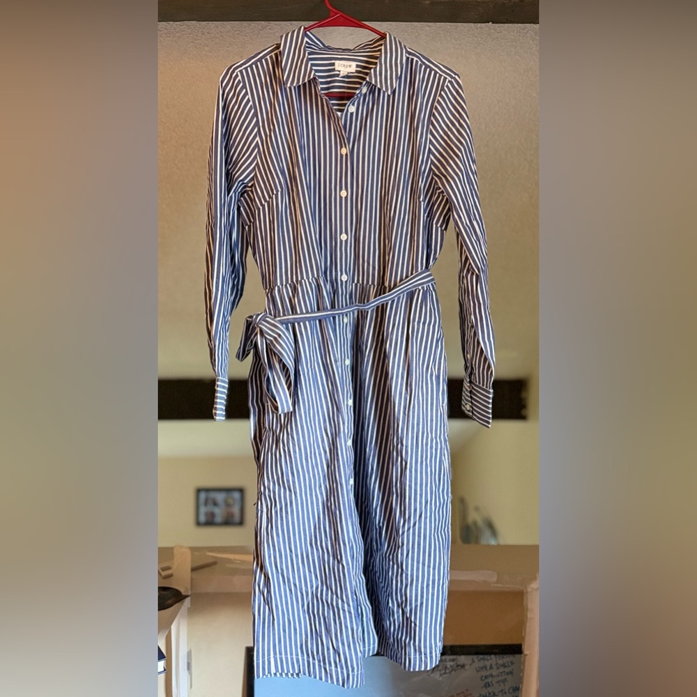 J. Crew Navy and White Striped Long Sleeve Dress with Belt